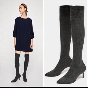 Zara Boots‎ Grey Knit Sock Heels Knee High OTK Size 35 US 5
